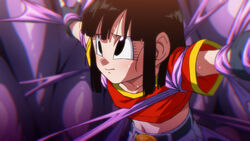 belt black_eyes black_hair bound bound_wrists crop_top dragon_ball dragon_ball_gt gloves hair_down jeans midriff nervous pan_(dragon_ball) red_shirt restrained rom scared sweating worried rating:Questionable score:66 user:Saxton_Jr