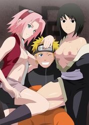 1boy 2girls accurate_art_style black_eyes black_hair blonde_hair blue_eyes boots female high_resolution human knee_boots male multiple_girls naruto naruto_shippuden pets pink_hair sakura_haruno shizune short_hair smile stiky_finkaz straight uzumaki_naruto rating:Explicit score:95 user:bot