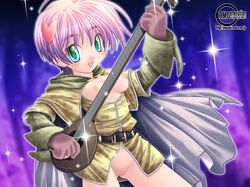 bard bard_(ragnarok_online) breasts crossdressing green_eyes guitar hair_ornament hairpin instrument ishihara_masumi laughing pink_hair pussy ragnarok_online short_hair uncensored rating:Explicit score:2 user:bot