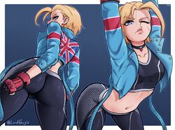 1girls ass ass_focus blonde_hair blue_eyes cammy_stretch cammy_white choker dat_ass female female_only fully_clothed gloves jacket looking_at_viewer looking_back lordguyis multiple_views short_hair small_breasts solo sports_bra street_fighter street_fighter_6 stretching tight_clothes tights toned_female union_jack yoga_pants rating:Questionable score:151 user:LewdLord