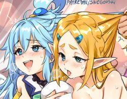 2girls :d aqua_(konosuba) bare_shoulders blue_eyes blue_hair blush braid breasts collarbone female female_only grabbing_another's_hair hair_between_eyes hair_ornament hair_rings hairclip implied_sex kono_subarashii_sekai_ni_shukufuku_wo! large_breasts long_hair multiple_girls offscreen_sex open_mouth pointy_ears princess_zelda pulling_hair smile snegovski tears_of_the_kingdom teeth the_legend_of_zelda tongue tongue_out trembling zelda_(tears_of_the_kingdom) rating:Explicit score:160 user:bot