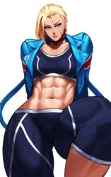 1girls abs absurd_res bent_leg blonde_hair blue_eyes cammy_white capcom female female_only fit fit_female fully_clothed jacket leaning_back looking_at_viewer narrowed_eyes scar scar_on_cheek scar_on_face solo sotcho sportswear street_fighter street_fighter_6 thick_thighs unamused white_background rating:Safe score:101 user:!nner$elf89