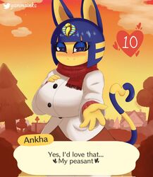 <3_eyes 2021 alternate_version_at_source animal_crossing ankha ankha_(animal_crossing) anthro big_breasts blue_eyes blue_eyeshadow blue_hair blush breasts clothed clothing coat curvy_figure detailed_background dialogue dialogue_box digital_media_(artwork) domestic_cat dress dusk english_text eyelashes eyeshadow felid feline felis female female_focus fur furry furry_only gammainks gesture hair hand_on_breast happy header header_box heart hi_res huge_breasts looking_at_viewer love makeup mammal nintendo number numbered_heart offering_hand outside plant red_clothing red_dress red_scarf romantic romantic_ambiance scarf short_hair signature smile smiling_at_viewer solo standing tail tail_gesture tail_heart talking_to_viewer text text_box text_bubble topwear tree white_clothing white_coat white_topwear wholesome yellow_body yellow_fur rating:Safe score:140 user:Springtron