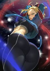 1girls armpits arms_behind_head arms_up ass bare_shoulders black_gloves black_pants black_sports_bra blonde_hair blue_eyes blue_jacket blush breasts cammy_white capcom dat_ass female female_only fingerless_gloves fully_clothed gloves highres jacket large_breasts looking_at_viewer looking_back mhk_(mechamania) open_clothes open_jacket pants scar scar_on_cheek scar_on_face short_hair solo sports_bra street_fighter street_fighter_6 thighs tight tight_pants toned rating:Safe score:169 user:Crcole331