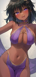 belly_dancer belly_dancer_outfit black_hair cleavage dark-skinned_female harem_girl harem_outfit idolmaster large_breasts loincloth medium_hair natalia_(idolmaster) purple_eyes sweat trente30m veil rating:Questionable score:119 user:TheKindHaremMaster