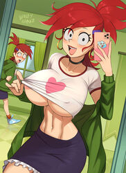 2023 2girls abs areola_slip background background_character barleyshake big_breasts blouse_lift blush breasts cartoon_network cellphone choker curtains detailed_background female female_only foster's_home_for_imaginary_friends frankie_foster happy holding_cellphone holding_object huge_breasts imaginary_frankie iphone large_breasts looking_at_viewer mirror_selfie only_female open_mouth photo red_hair selfie shirt_lift skirt smartphone solo_female stripping surprised_expression taking_picture tight_clothing underboob walk-in window rating:Explicit score:569 user:ArmpitsLover