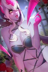 1girls ahe_gao artist_signature big_breasts cleavage dark_purple_body demon_girl evelynn female female_only himmely league_of_legends looking_at_viewer patreon_username purple_body riot_games rose_petals roses succubus tongue two_tone_body white_hair rating:Explicit score:80 user:deleted106046