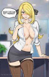 1girls areola_slip areolae black_eyes black_panties blonde_hair blush bottomwear breasts cleavage cynthia_(pokemon) english english_text female female_only game_freak hair_ornament hair_over_one_eye huge_breasts large_breasts lepypepy lips long_hair mature mature_female mature_woman open_shirt panties pencil_skirt pokemon pokemon_dppt shirt skirt smile solo speech_bubble text thick_thighs thighhighs thighs white_shirt rating:Explicit score:202 user:daft_human