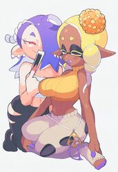 big_breasts black_eyelashes blue_hair breasts clothing ear_ring frye_(splatoon) full_body inkerton-kun inkuusan japanese_clothes looking_at_viewer nintendo octoling red_eyes shiver_(splatoon) smiling smiling_at_viewer splatoon splatoon_3 white_background yellow_eyes yellow_hair rating:Safe score:209 user:Springtron