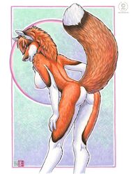 2011 anthro ass black_fur black_nose breasts canine cherry claws female female_only fox fur furry_ass furry_breasts furry_ears furry_tail hair hand_on_leg kacey looking_at_viewer looking_back mammal nipples nude open_mouth orange_fur orange_hair pink_eyes pink_nipples pointy_ears pussy raised_tail smile solo standing tail white_fur rating:Explicit score:37 user:bot