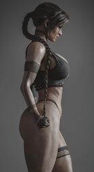 3d 3d_(artwork) ass breasts brown_hair cleavage clothing kisxsfm lara_croft lara_croft_(classic) large_ass large_breasts muscular_thighs ponytail simple_background tattoo thick_thighs thighs tomb_raider rating:Questionable score:251 user:ross0ross1