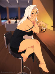 1girls :) bar_stool bare_legs barefoot big_breasts black_dress blue_eyes blush bracelet chest cocktail_dress crossed_legs dress english_text feet female foot_fetish full_body glasses half-closed_eyes head_on_hand indoors inside june_(squeezable) legs lips long_hair looking_at_viewer mole mole_on_breast night off_shoulder pinup presenting_feet round_glasses seductive showing_feet sideboob sitting smile squeezable tanned text very_long_hair whiskey_glass white_hair rating:Questionable score:497 user:Mivaza