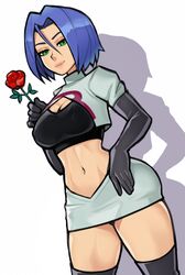 1girls blue_hair breasts cleavage clothed clothing female female_only genderswap gloves green_eyes james_(pokemon) jamie_(pokemon) loodncrood looking_at_viewer navel nintendo nipple_bulge pokemon rule_63 short_hair simple_background smile solo solo_female standing team_rocket thighhighs white_background wide_hips rating:Questionable score:270 user:Lunacy