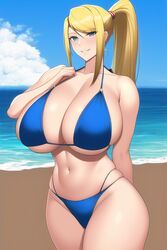 1girls ai_generated athletic athletic_female beach belly_button big_breasts bikini blonde_hair blue_bikini blue_eyes breasts busty cleavage cloud female female_only hourglass_figure huge_breasts light-skinned_female light_skin looking_at_viewer metroid nintendo novelai outside ponytail samus_aran seductive smile solo solo_female stable_diffusion summer swimsuit thick_thighs toned_female water wide_hips rating:Explicit score:62 user:butmonkei234