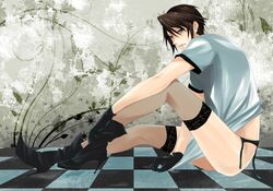 beige_skin blue_eyes boots bottomless brown_hair clothes color crossdressing final_fantasy final_fantasy_viii footwear garters gloves hair high_heels human looking_at_viewer looking_left male male_only open_eyes round_ears short_hair side_view sitting solo squall_leonhart thighhighs uncensored rating:Explicit score:9 user:bot