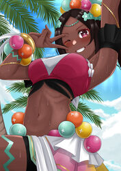 1girls armpits bare_midriff breasts brown_hair dark-skinned_female dark_skin day female female_only fire_emblem fire_emblem_engage grin large_breasts looking_at_viewer midriff nintendo outdoors palm_tree pink_eyes ponytail rynn_(darknescorez) short_hair smile solo star-shaped_pupils sweat sweating sweaty symbol-shaped_pupils timerra_(fire_emblem) tree v rating:Questionable score:82 user:kris923