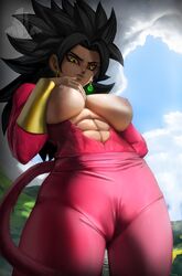 1girls abs big_breasts black_hair blush breasts busty dragon_ball dragon_ball_super ear_piercing earrings elitenappa female female_only female_saiyan fusion kefla large_breasts looking_at_viewer looking_down nipples outside pants pantylines piercing potara_earrings red_fur saiyan solo super_saiyan_4 tail thick_thighs topless wide_hips yellow_eyes rating:Explicit score:271 user:Rex_Hollins