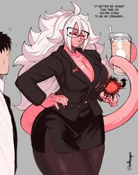 android_21 baku_ane_2_otouto_ippai_shibocchau_zo! breasts dialogue dragon_ball dragon_ball_z earthling(player) embo glasses huge_breasts leggings majin_android_21 office_lady pink_body red_eyes tail thick thick_thighs rating:Questionable score:248 user:TheGoat_xxxx