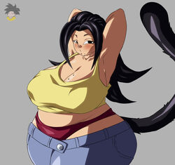 armpits arms_behind_head arms_up bbw belly big_belly big_breasts black_eyes black_hair breasts chubby chubby_female cleavage dragon_ball huge_thighs isxues jeans lowleg lowrise_jeans medium_hair midriff mole_on_breast mole_under_mouth original_character panties plump red_panties saiyan slightly_chubby spiky_hair tail tan_skin tank_top thick_thighs thighs underwear rating:Questionable score:22 user:Saxton_Jr