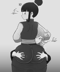 2girls ass ass_grab ass_in_dress big_ass cheating_wife chichi crossover dragon_ball female female_only grey_background hands_on_ass metalsplinter milf monochrome netorare ntr one-punch_man smug_face tatsumaki thick_thighs yuri rating:Explicit score:214 user:Kennnnnnrt