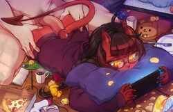 1boy 1girls 2d ass big_ass black_hair bottomless chinese_food clothed clothed_female clothing coffee demon demon_girl demon_horns demon_tail erection female food gamer_girl gaming glasses male meru_(merunyaa) merunyaa nintendo nintendo_switch on_stomach original penis pizza potato_chips red-skinned_female red_skin straight tagme thick_thighs rating:Explicit score:211 user:justausername