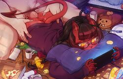 1boy 1girls 2d ass big_ass black_hair bottomless casual chinese_food clothed clothed_female clothing coffee demon demon_girl demon_horns demon_tail erection female food from_behind gamer_girl gaming glasses male meru_(merunyaa) merunyaa multitasking nintendo nintendo_switch original penetration penis pizza potato_chips prone_bone prone_position red-skinned_female red_skin sex straight tagme thick_thighs yellow_eyes rating:Explicit score:315 user:justausername