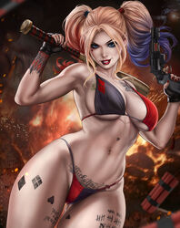 baseball_bat bat_(object) big_breasts bikini blonde_hair blue_eyes body_writing breasts clothed clothed_female clothing dandon_fuga dc dc_comics female firearm gun handgun handwear harley_quinn heart human leg_tattoo looking_at_viewer multicolored_hair neckwear pale-skinned_female pale_skin pubic_tattoo revolver swimsuit tally_marks tattoo tattoos thick_thighs toned toned_female twintails underwear weapon wristwear rating:Questionable score:98 user:Crcole331