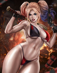 baseball_bat bat_(object) big_breasts bikini blonde_hair blue_eyes breasts dandon_fuga dc dc_comics female firearm gun handgun handwear harley_quinn human looking_at_viewer multicolored_hair neckwear pale-skinned_female pale_skin ranged_weapon revolver standing swimsuit thick_thighs toned toned_female twintails underwear weapon wristwear rating:Questionable score:91 user:Crcole331