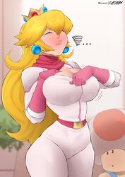 1boy 1girls belt blonde_hair blush bodysuit breasts cleavage closed_eyes crown earrings flytrapxx gloves hi_res jewelry jumpsuit mario_(series) nintendo princess_peach scarf skin_tight standing struggling struggling_to_fit super_mario_bros._(2023_film) tight_clothing toad_(mario) zipper rating:Questionable score:313 user:shruck