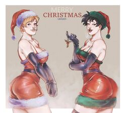 2020 2girls black_hair blonde blonde_hair cheri_ls christmas christmas_clothing christmas_hat christmas_headwear christmas_outfit clothed clothing dragon_ball dragon_ball_z dress erasa female female_only gloves handwear legwear looking_at_viewer no_sex tagme thighhighs tight_clothing videl rating:Explicit score:20 user:Bruh_just_work_already