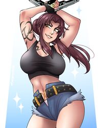 black_lagoon black_shirt dangerousbride gun purple_hair revy shorts rating:Questionable score:73 user:do_you_fart