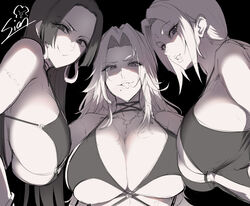 3girls ara_ara artist_signature beauty_mark big_breasts bikini black_and_white black_background bleach boa_hancock breasts company_connection crossover earings female female_only god_i_wish_that_were_me huge_breasts imminent_rape large_breasts long_hair looking_at_viewer matsumoto_rangiku mature_female milf monochrome multiple_girls naruto naruto_(series) naruto_shippuden naughty_face no_color one-piece_swimsuit one_piece ponytail seductive_smile shounen_jump shueisha sian smile smug swimsuit teeth_showing the_big_6 top_heavy trait_connection tsunade underboob upper_body voluptuous weekly_shonen_jump rating:Questionable score:537 user:Nostalgia_64