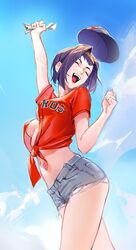 1girls baseball_cap baseball_uniform cheering cleavage clouds cowboy_bebop eyes_closed faye_valentine headband houston_astros jean_shorts large_breasts limart open_clothes open_mouth open_shirt purple_hair short_hair shorts solo_female rating:Questionable score:143 user:GrimTwin