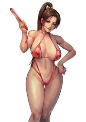 1girls brown_eyes brown_hair choker cirenk fatal_fury huge_breasts king_of_fighters long_hair looking_at_viewer mai_shiranui micro_bikini ponytail snk thong voluptuous rating:Questionable score:152 user:TheKindHaremMaster