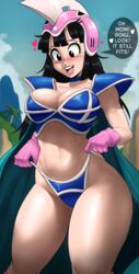 1girls absurdres bangs bikini bikini_armor black_hair blue_armor blue_clothes blue_clothing busty cape chichi chichi's_armor chichi's_helmet child_bearing_hips cleavage cute_face dragon_ball dragon_ball_z echosaber english_text female female_focus gloves helmet hips large_breasts light-skinned_female long_hair pink_gloves revealing_clothes skimpy_clothes thick_thighs voluptuous rating:Questionable score:569 user:N33dForBr33d