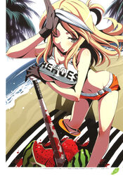 1girls bad_girl_(nmh) baseball_bat beach beach_towel belt black_eyes blonde_hair breasts clouds crop_top gloves large_breasts long_hair looking_at_viewer midriff navel no_more_heroes ocean orange_shorts outside palm_trees sandals short_shorts shorts sky tsurugi_hagane water watermelon white_crop_top rating:Questionable score:30 user:267er