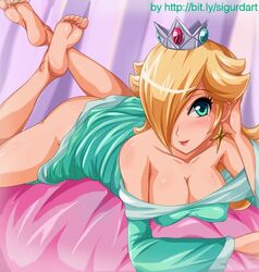 1girls ass bare_shoulders barefoot bed beige_skin blonde_hair blue_eyes blue_nails blush bottomless breasts cleavage closed_mouth clothes color crown ear_piercing feet female female_only hair human large_breasts long_hair lying mario_(series) nail_polish nintendo on_front open_eyes piercing princess_rosalina sigurdhosenfeld smile soles solo teal_eyes toenail_polish toenails toes rating:Questionable score:147 user:Elite