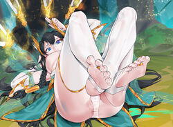 1girls amisha anus ass black_hair blue_eyes divine_sword_irelia feet hair_ornament immortal_journey_series irelia_xan league_of_legends long_hair looking_at_viewer nipples on_back partially_clothed smile solo stockings thick_thighs toeless_legwear underboob rating:Explicit score:163 user:LukeSkyLuke