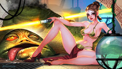 bastila_shan belly_dancer belly_dancer_outfit brown_eyes brown_hair cleavage decapitation dinmoney double_bladed_lightsaber gore harem_girl harem_outfit hourglass_figure hutt jabba_the_hutt large_breasts loincloth looking_at_viewer slave_bikini slave_leia_(cosplay) slave_outfit slavegirl star_wars rating:Questionable score:32 user:TheKindHaremMaster