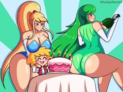 1boy 2girls artist_self-insert ass birthday birthday_cake birthday_candle blonde_hair blue_leotard breasts champagne champagne_bottle chibi closed_eyes closed_mouth closed_smile female funkythor64 green_eyes green_hair green_leotard green_lipstick hourglass_figure kid_icarus large_ass large_breasts leotard long_blonde_hair long_green_hair long_hair long_ponytail male metroid nintendo open_mouth open_mouth_smile opera_gloves palutena playboy_bunny_leotard ponytail samus_aran sitting_on_table sparkling_clothing super_smash_bros. rating:Questionable score:20 user:Mudlover