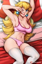 bed_sheet breasts female female_only high-angle_view kyoffie looking_at_viewer mario_(series) mushroom nintendo pillow princess_peach solo super_mario_bros. tagme white_skin rating:Questionable score:68 user:Mudlover