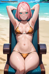 1girls ai_generated animal_print animal_print_bikini arms_behind_head arms_up artist_name beach bikini bob_cut boruto:_naruto_next_generations breasts chair choker cleavage collar curvaceous curvy curvy_body curvy_female curvy_figure facing_viewer female female_focus front_view green_eyes legs_together light-skinned_female light_skin long_hair nai_diffusion naruto naruto_(series) ocean patreon_username petite pink_hair revealing_swimsuit sakura_haruno sand seaside sitting skimpy skimpy_bikini stable_diffusion swimsuit temptart thighs tiger_print tiger_print_bikini url water watermark web_address wide_hips rating:Questionable score:60 user:Diwan