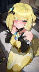 1girls alternate_costume bare_shoulders black_gloves blush breasts collarbone cum cum_on_blonde_hair cum_on_clothes cum_on_face cum_on_hair double_v dress elbow_gloves facial female gloves green_eyes grin hair_ornament highres hizake kashu_(hizake) large_breasts long_hair looking_at_viewer lusamine_(pokemon) lusamine_(sygna_suit)_(pokemon) official_alternate_costume pokemon pokemon_(game) pokemon_masters pokemon_masters_ex pokemon_sm ponytail sitting smile solo sygna_suit_lusamine v yellow_dress rating:Explicit score:446 user:bot