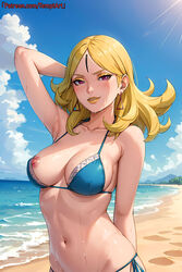 1girls adapted_costume ai_generated beach big_breasts bikini bikini_bottom bikini_top blonde_hair boruto:_naruto_next_generations breasts cleavage delta_(boruto) eyeshadow facial_mark female female_only forehead_mark grin light-skinned_female light_skin lipstick long_hair looking_at_viewer makeup messy messy_hair nai_diffusion naruto naruto_(series) naughty naughty_face naughty_smile nipple_slip ocean one_breast_out outdoors patreon_username pink_eyes sand seaside smile solo solo_focus stable_diffusion sweat sweatdrop swimsuit temptart text upper_body url water web_address rating:Explicit score:31 user:Diwan