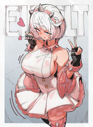 1girls :p absurdres azz0422 blue_eyes boots bracelet breasts character_name collar dress elphelt_valentine female frilled_dress frills guilty_gear guilty_gear_strive hairband highres jewelry large_breasts long_sleeves looking_at_viewer peace_sign pink_dress pink_footwear pink_hairband short_hair sideboob smile spiked_bracelet spiked_collar spiked_hairband spikes thigh_boots tongue tongue_out two-tone_dress v white_dress white_hair rating:Safe score:197 user:yipe