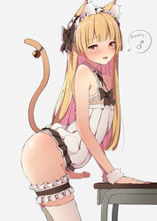 1boy absurdres akaihoppe animal_ears arched_back ass bare_shoulders bell blonde_hair blush bridal_garter cat_boy cat_ears cat_tail catboy censored crossdressing dress embarrassed english_text erection femboy girly hairband highres jingle_bell long_hair male male_focus male_only mars_symbol mosaic_censoring open_mouth original otoko_no_ko penis red_eyes simple_background small_penis spoken_mars_symbol standing tail tail_ornament thighhighs trap white_thighhighs rating:Explicit score:374 user:bot