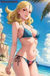 1girls adapted_costume ai_generated beach big_breasts bikini bikini_bottom bikini_top blonde_hair boruto:_naruto_next_generations breasts cleavage delta_(boruto) eyeshadow facial_mark female female_only forehead_mark grin light-skinned_female light_skin lipstick long_hair looking_at_viewer makeup messy messy_hair midriff nai_diffusion naruto naruto_(series) naughty naughty_face naughty_smile ocean outdoors patreon_username pink_eyes sand seaside side-tie_bikini side-tie_bikini_bottom smile solo solo_focus stable_diffusion striped_bikini sweat sweatdrop temptart text upper_body url water web_address rating:Questionable score:51 user:Diwan