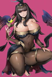 1girls alternate_costume bangs bare_shoulders barefoot black_hair bodystocking breasts cleavage collarbone female female_only fire fire_emblem fire_emblem_awakening fire_emblem_heroes grin huge_breasts kataku_musou levitation long_hair magic nail_polish nintendo official_alternate_costume one_knee pink_background pink_nails plegian purple_eyes shoulders smile solo squatting tharja_(fire_emblem) tharja_(plegian)_(fire_emblem) rating:Explicit score:76 user:kris923