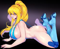 1girls ass bent_legs big_breasts blonde_hair blue_eyes blush female female_only gabriela_gogonea heel_boots heels long_hair looking_at_viewer lying lying_on_stomach metroid narrowed_eyes nintendo nipple_bulge ponytail samus_aran side_view sling_bikini smiling smiling_at_viewer solo very_high_resolution zy-sama rating:Questionable score:81 user:!nner$elf89