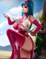 1boy 1girls aged_up blonde_hair blue_eyes blue_hair bodysuit bra_(dragon_ball) bra_briefs dragon_ball dragon_ball_gt elitenappa female_saiyan gloves large_breasts leg_up long_hair nipples novasayajingoku super_saiyan sword thighhighs thighs tight_clothing trunks_(dragon_ball) trunks_briefs rating:Questionable score:145 user:Mikesbigdick